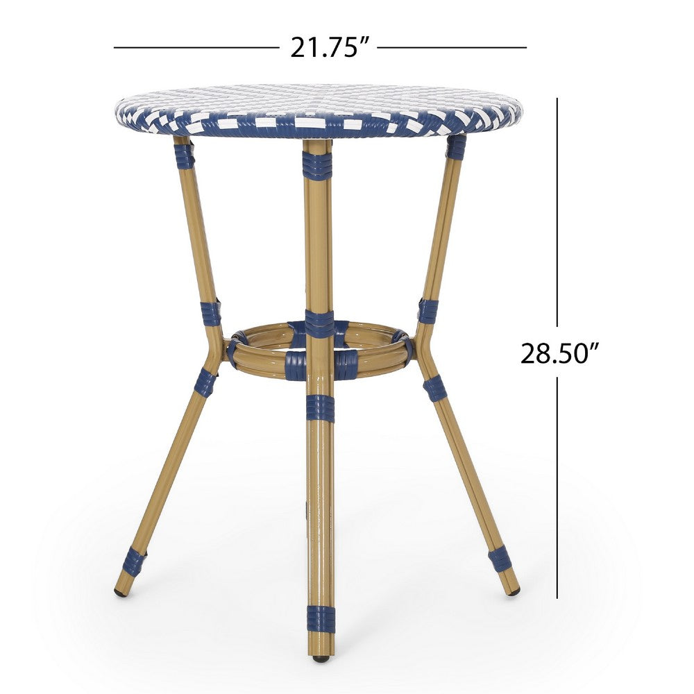 Outdoor French Bistro Table | Blue White Rattan | 22" Brown Aluminum