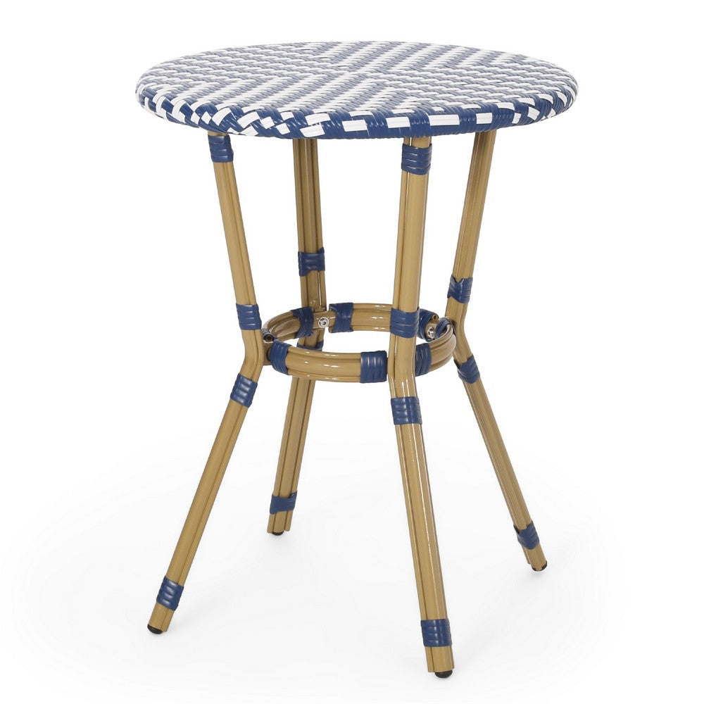 Outdoor French Bistro Table | Blue White Rattan | 22" Brown Aluminum