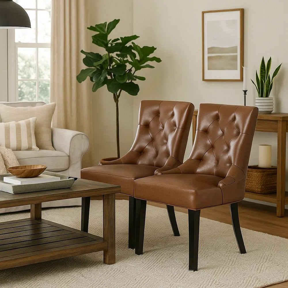 Chen Dining Chair Set of 2 | Diamond Tufted Back | Brown Faux Leather