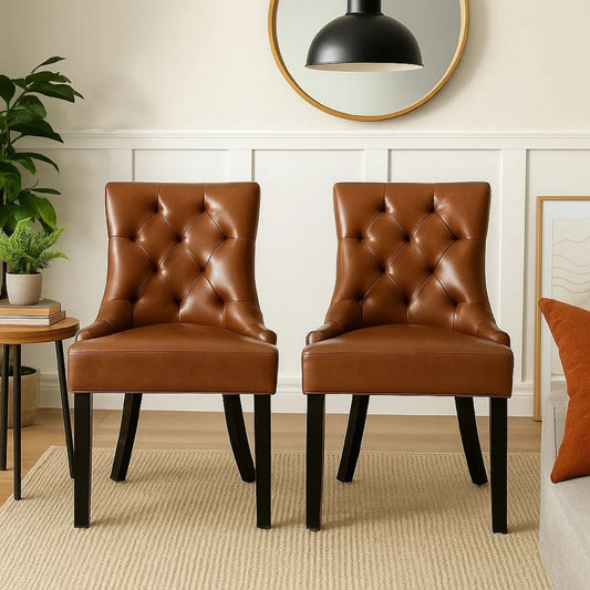 Chen Dining Chair Set of 2 | Diamond Tufted Back | Brown Faux Leather