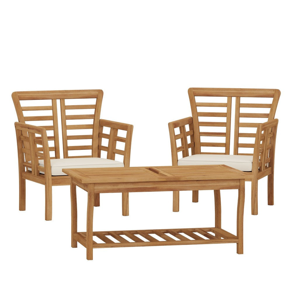 3pc Outdoor Club Chair Set w Coffee Table | Brown Wood Slatted Design