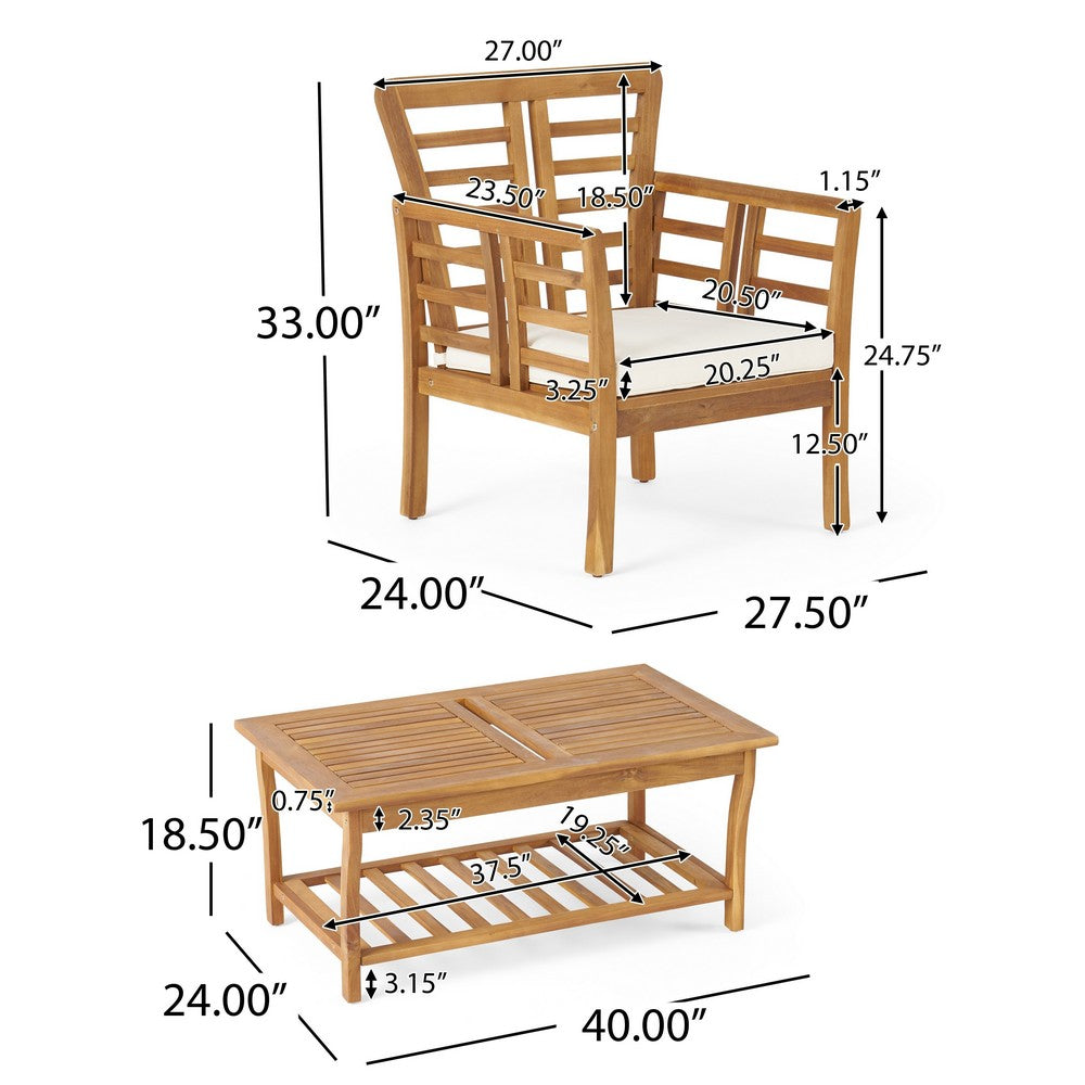 3pc Outdoor Club Chair Set w Coffee Table | Brown Wood Slatted Design