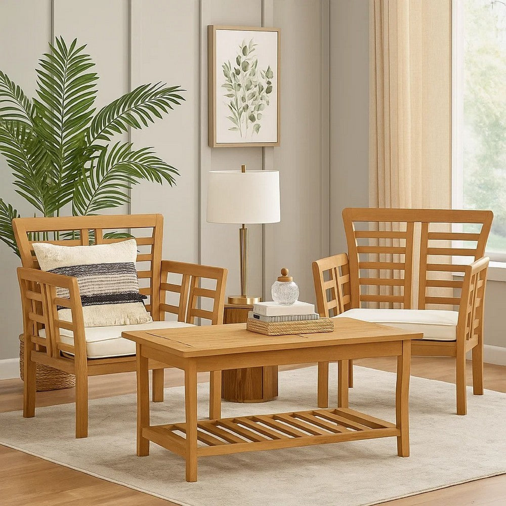 3pc Outdoor Club Chair Set w Coffee Table | Brown Wood Slatted Design