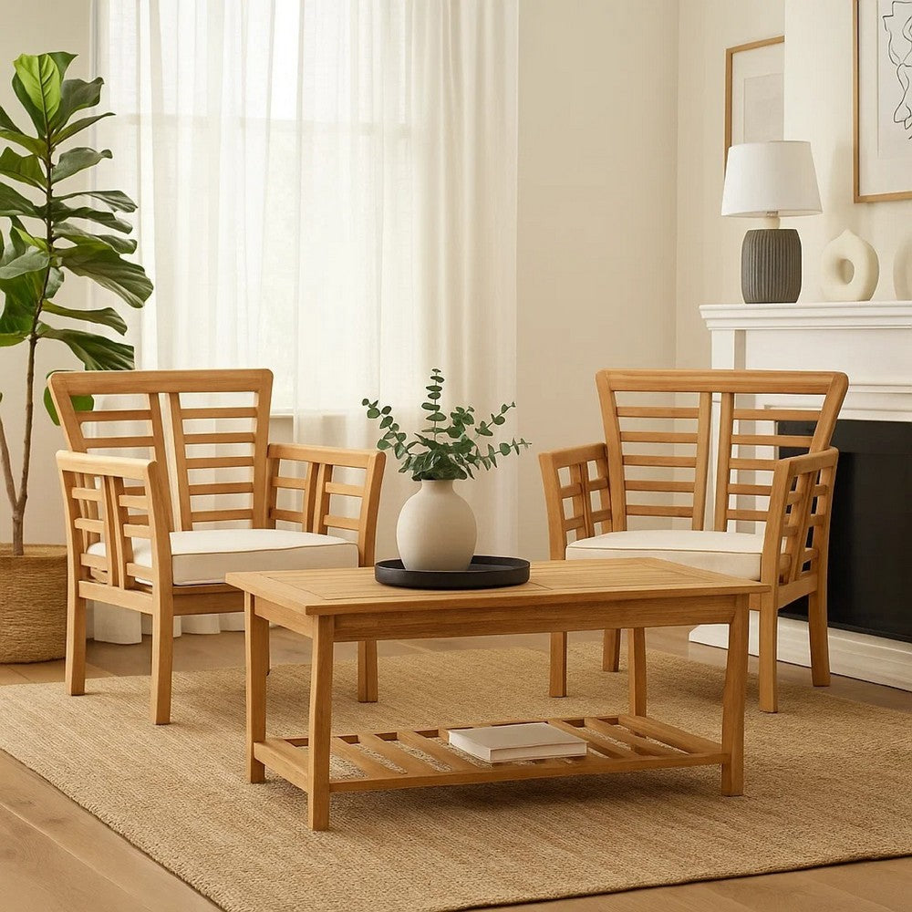 3pc Outdoor Club Chair Set w Coffee Table | Brown Wood Slatted Design