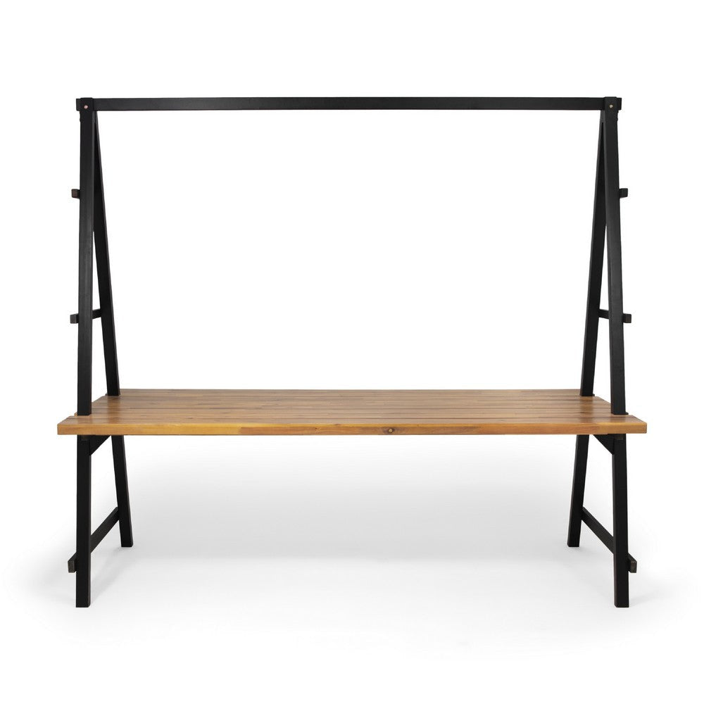 Jo Outdoor Pergola Table | Black Metal Frame | Slatted Teak Brown Wood BM335254