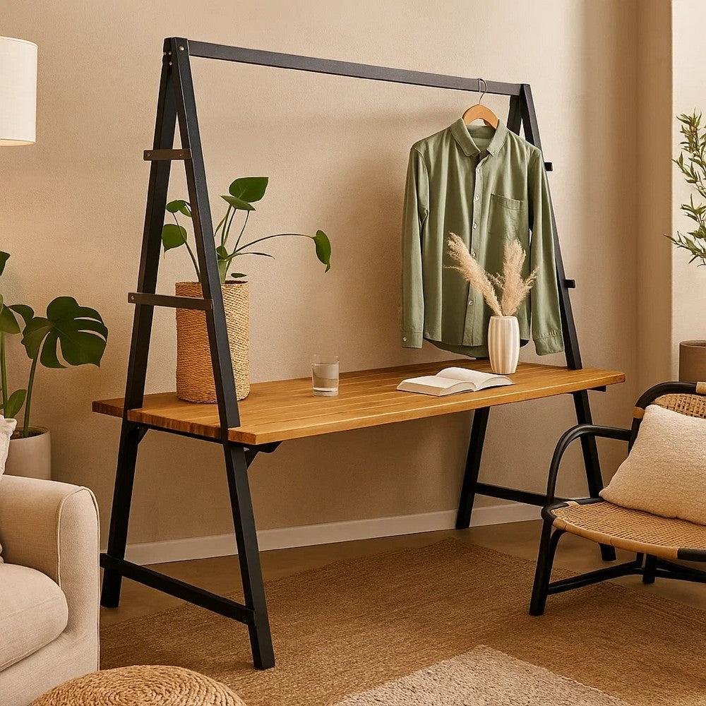 Jo Outdoor Pergola Table | Black Metal Frame | Slatted Teak Brown Wood