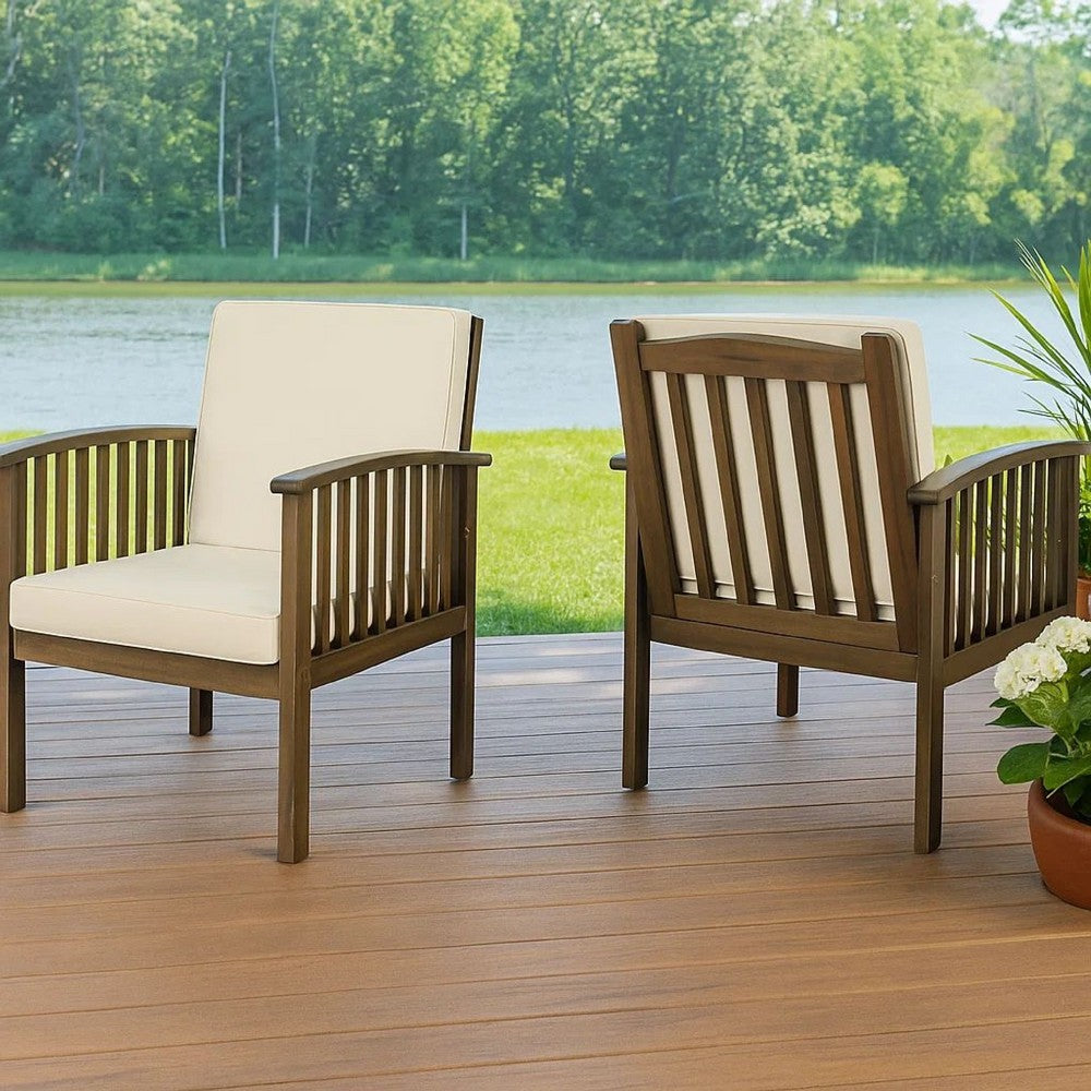 Gerry Outdoor Club Chair Set of 2 | Cream Cushion | Slatted Dark Brown