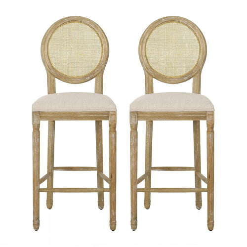 Barstool Chair Set of 2 | Beige Cushion and Natural Brown Rattan Back