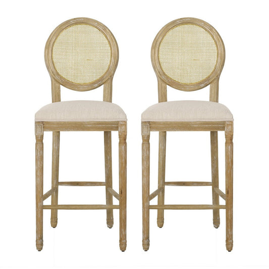 Barstool Chair Set of 2 | Beige Cushion and Natural Brown Rattan Back