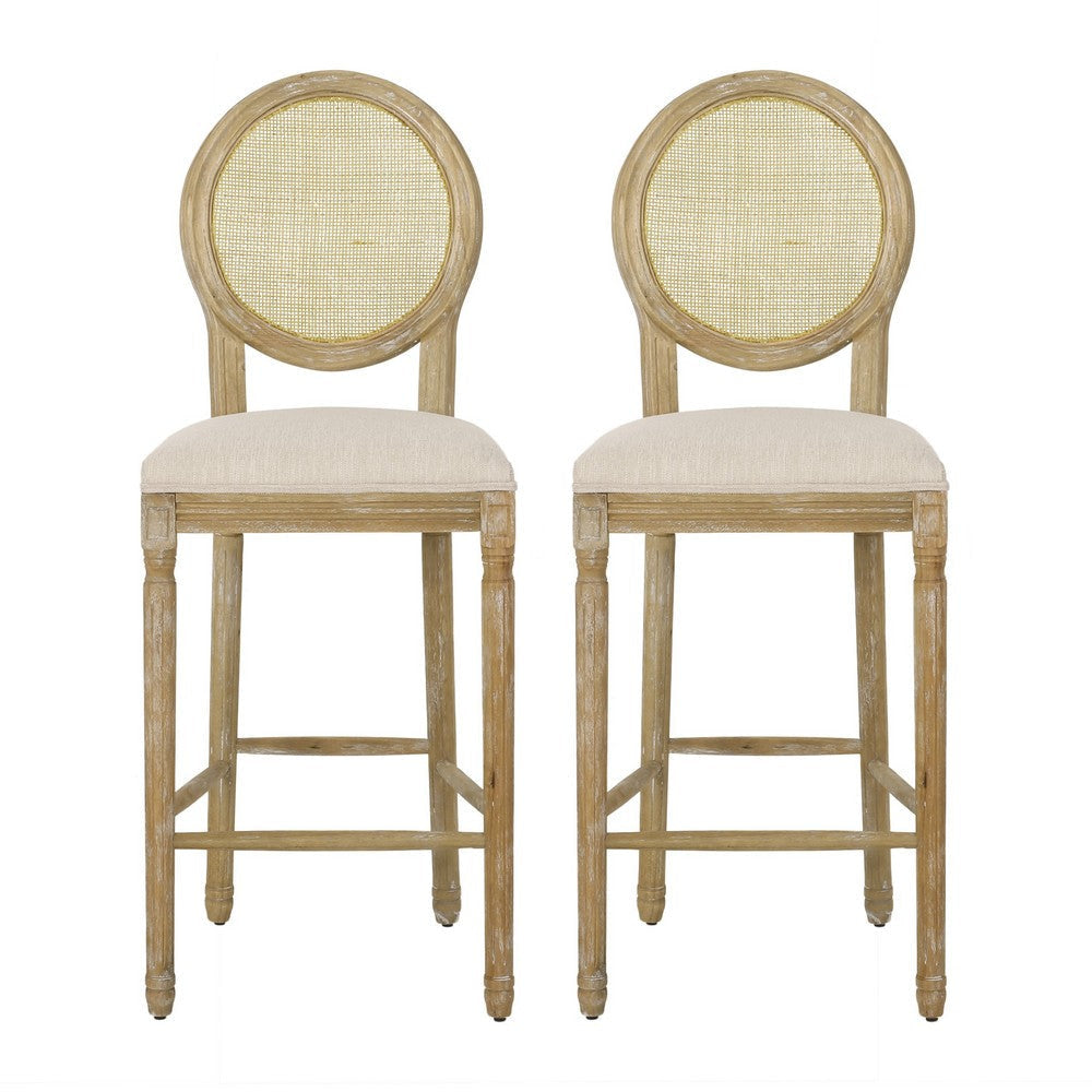 Barstool Chair Set of 2 | Beige Cushion and Natural Brown Rattan Back