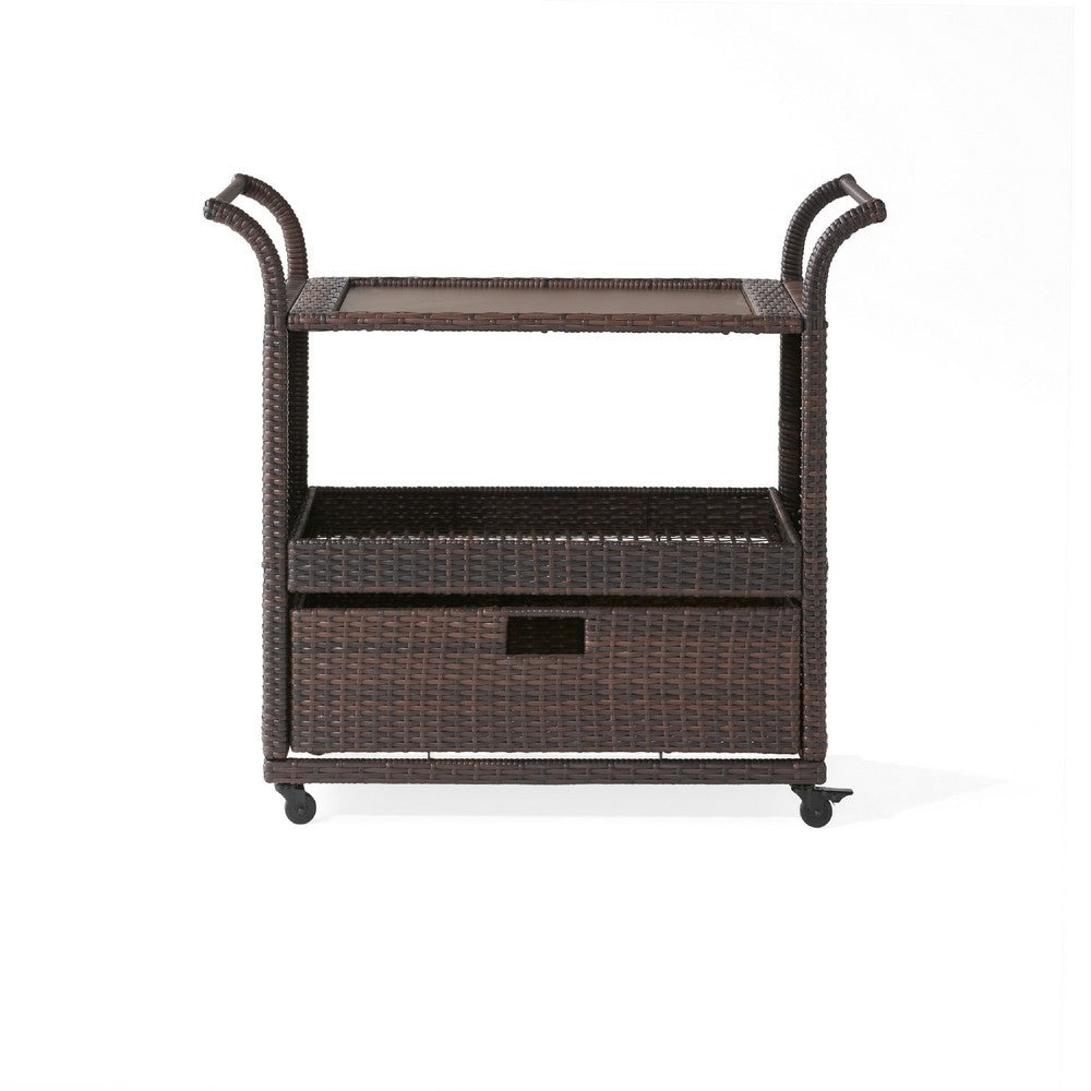 Naed Rolling Kitchen Bar Cart | 40" Dark Brown Rattan Woven