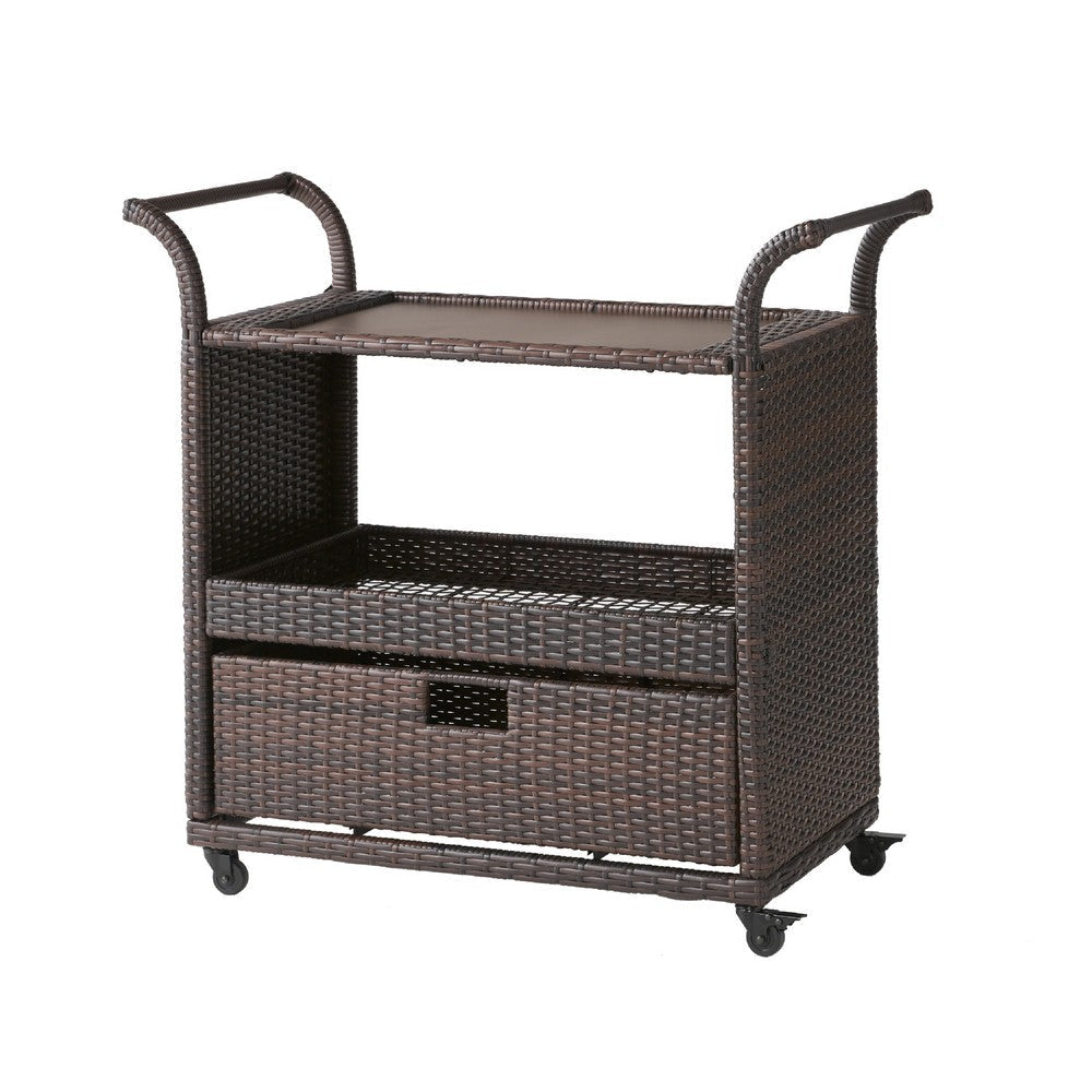 Naed Rolling Kitchen Bar Cart | 40" Dark Brown Rattan Woven