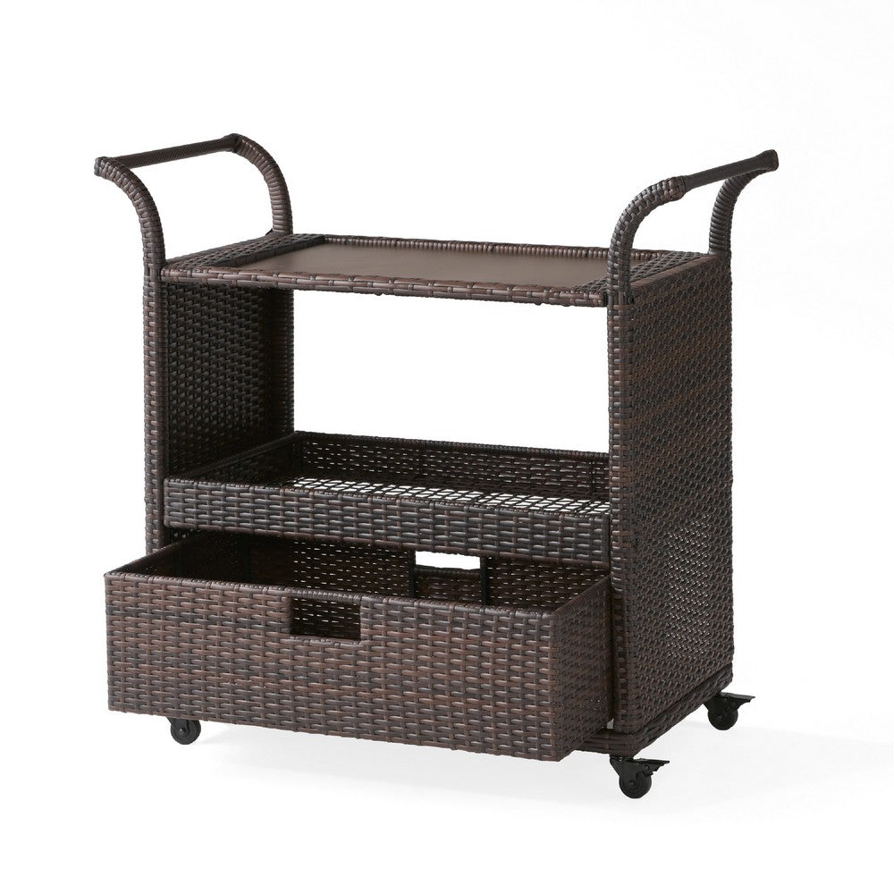 Naed Rolling Kitchen Bar Cart | 40" Dark Brown Rattan Woven