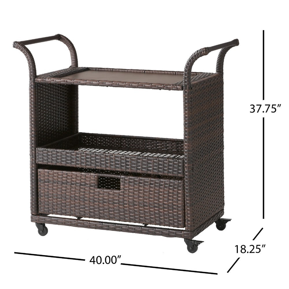 Naed Rolling Kitchen Bar Cart | 40" Dark Brown Rattan Woven