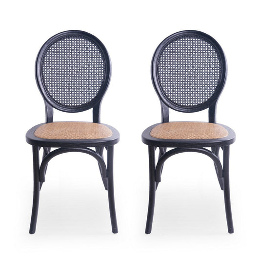 Dining Chair Set of 2 | Matte Black Rattan Woven Back and Brown Seat