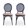Dining Chair Set of 2 | Matte Black Rattan Woven Back and Brown Seat