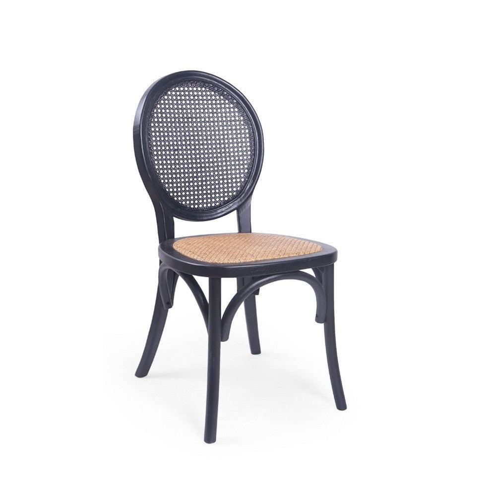 Dining Chair Set of 2 | Matte Black Rattan Woven Back and Brown Seat
