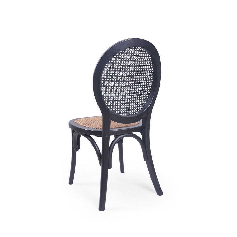 Dining Chair Set of 2 | Matte Black Rattan Woven Back and Brown Seat BM335260