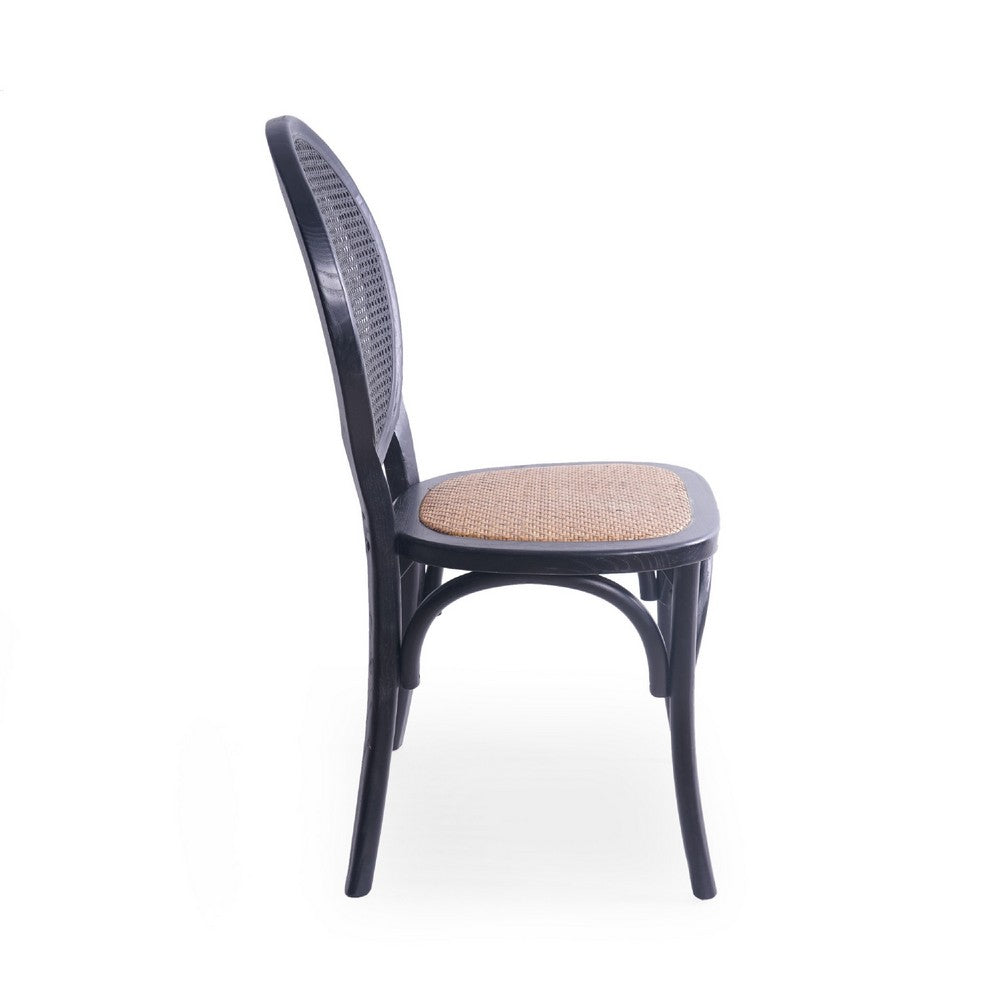 Dining Chair Set of 2 | Matte Black Rattan Woven Back and Brown Seat