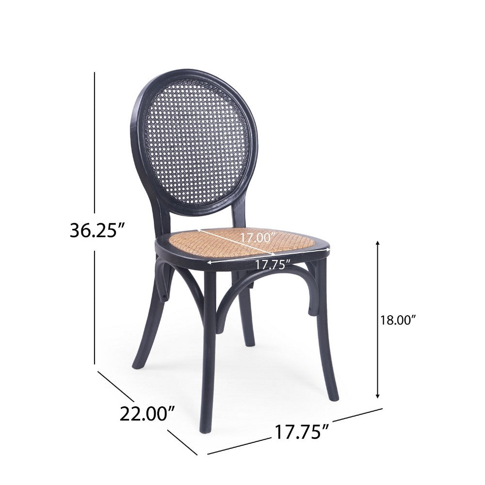 Dining Chair Set of 2 | Matte Black Rattan Woven Back and Brown Seat