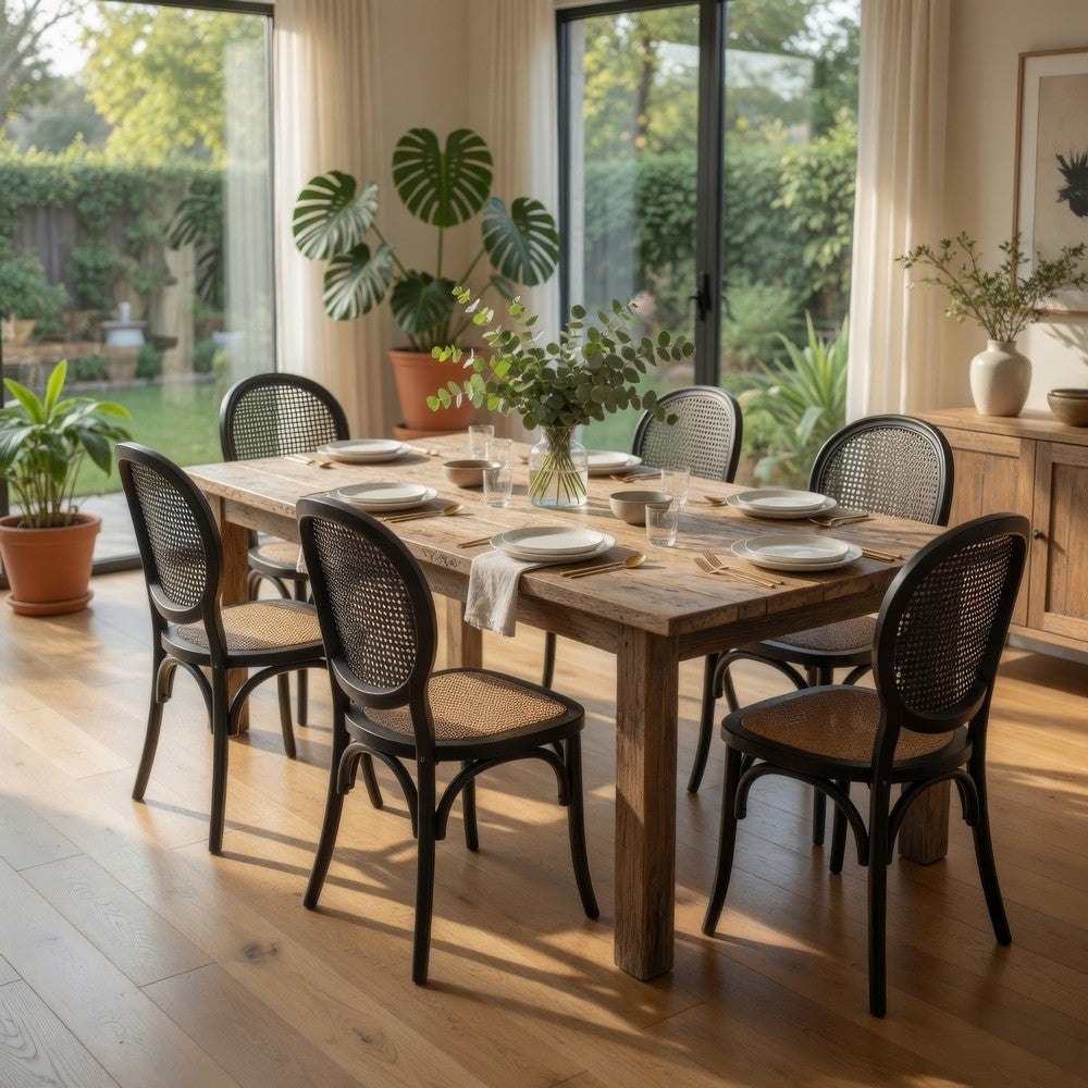 Dining Chair Set of 2 | Matte Black Rattan Woven Back and Brown Seat