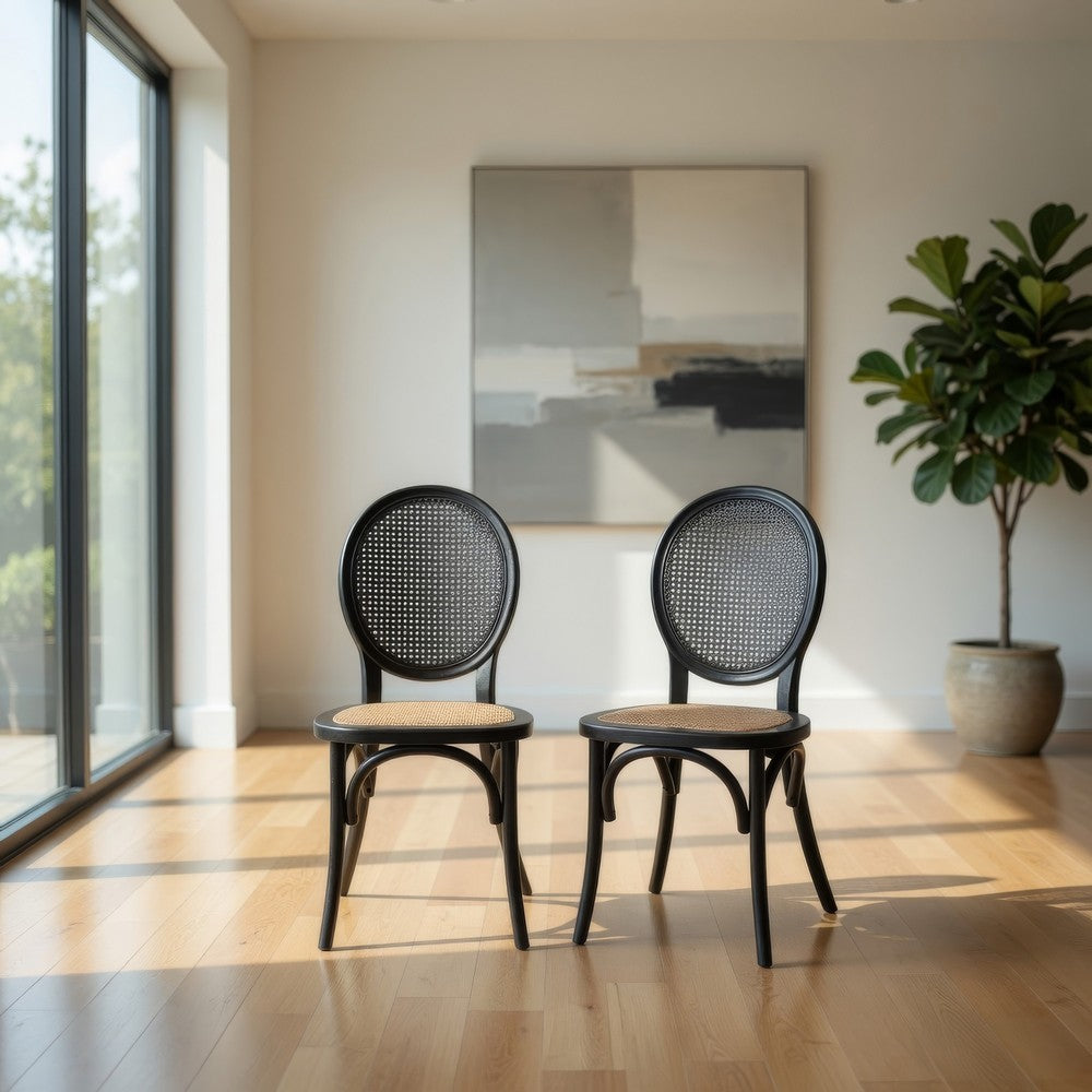 Dining Chair Set of 2 | Matte Black Rattan Woven Back and Brown Seat