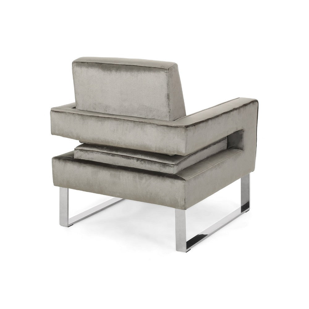 Club Armchair | Cutout Armrests | Chrome Steel and Modern Gray Velvet