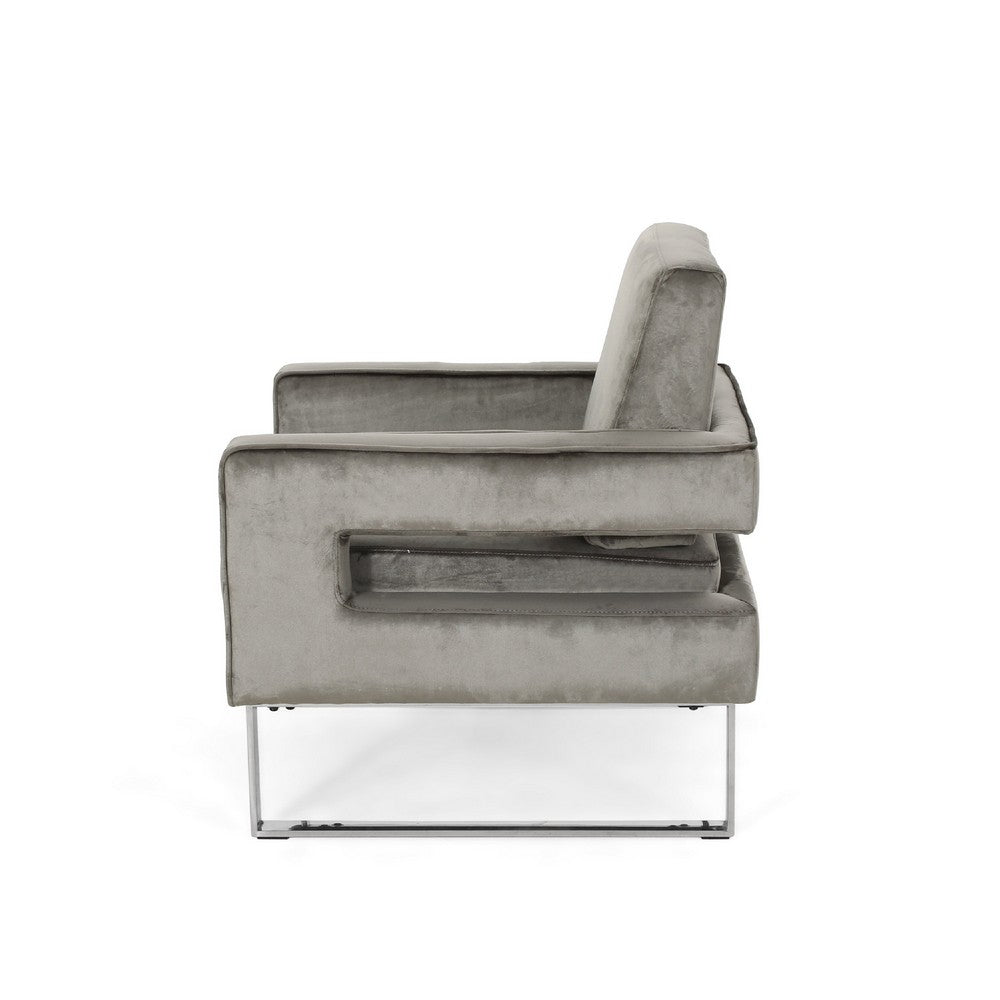 Club Armchair | Cutout Armrests | Chrome Steel and Modern Gray Velvet