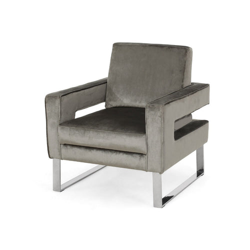 Club Armchair | Cutout Armrests | Chrome Steel and Modern Gray Velvet