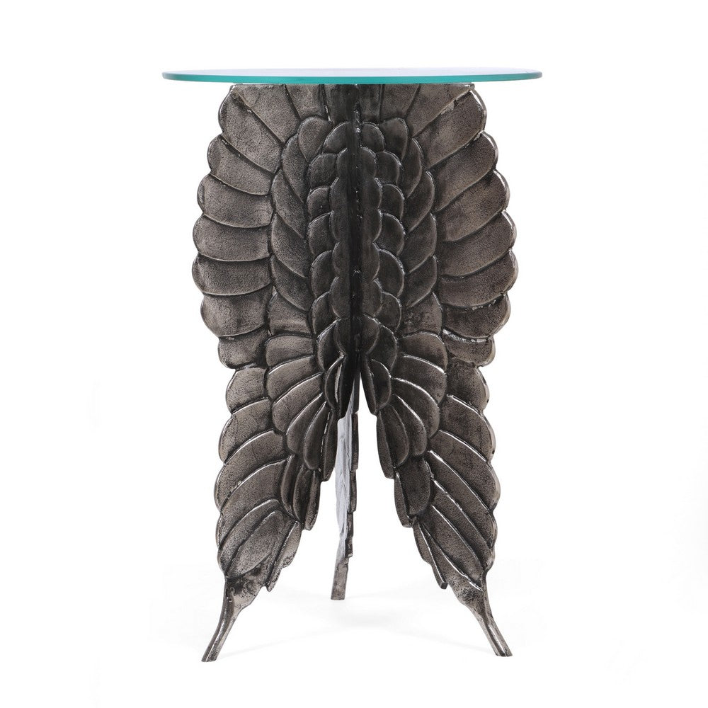 Accent Table w 17" Glass Top | Butterfly Wing Nickel Aluminum Base