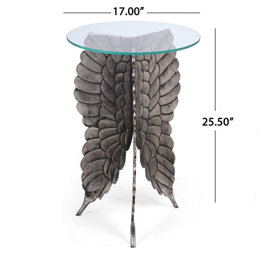 Accent Table w 17" Glass Top | Butterfly Wing Nickel Aluminum Base