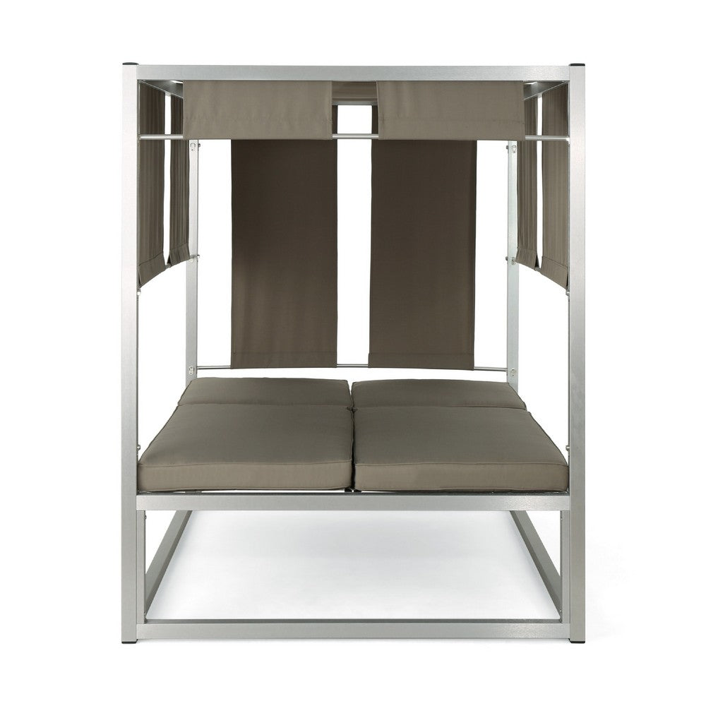 Modern 2 Chaise Daybed with Canopy, Outdoor, Khaki Brown, Chrome Metal