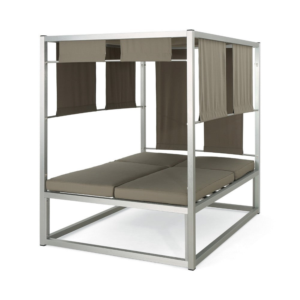 Modern 2 Chaise Daybed with Canopy, Outdoor, Khaki Brown, Chrome Metal
