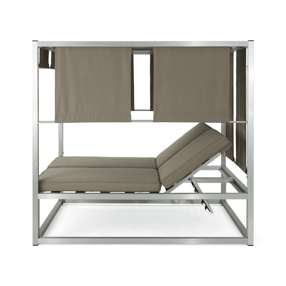 Modern 2 Chaise Daybed with Canopy, Outdoor, Khaki Brown, Chrome Metal