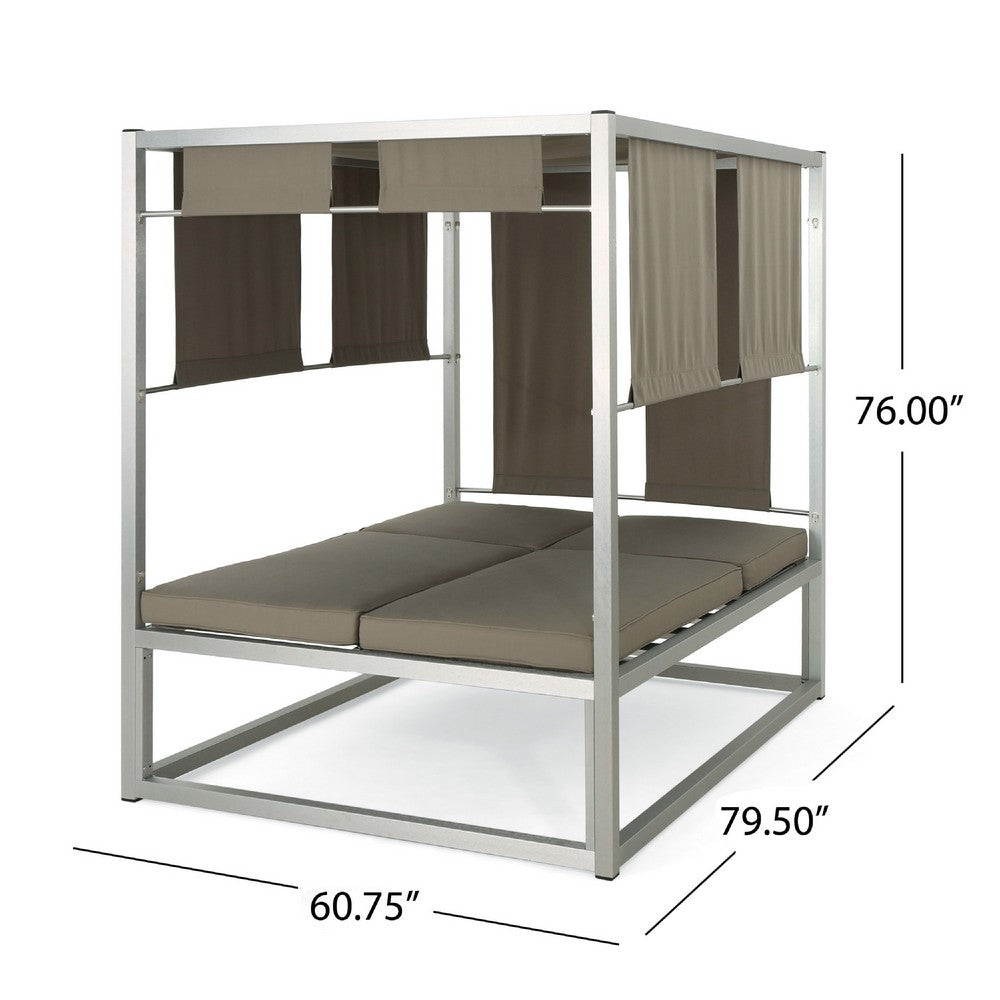 Modern 2 Chaise Daybed with Canopy, Outdoor, Khaki Brown, Chrome Metal