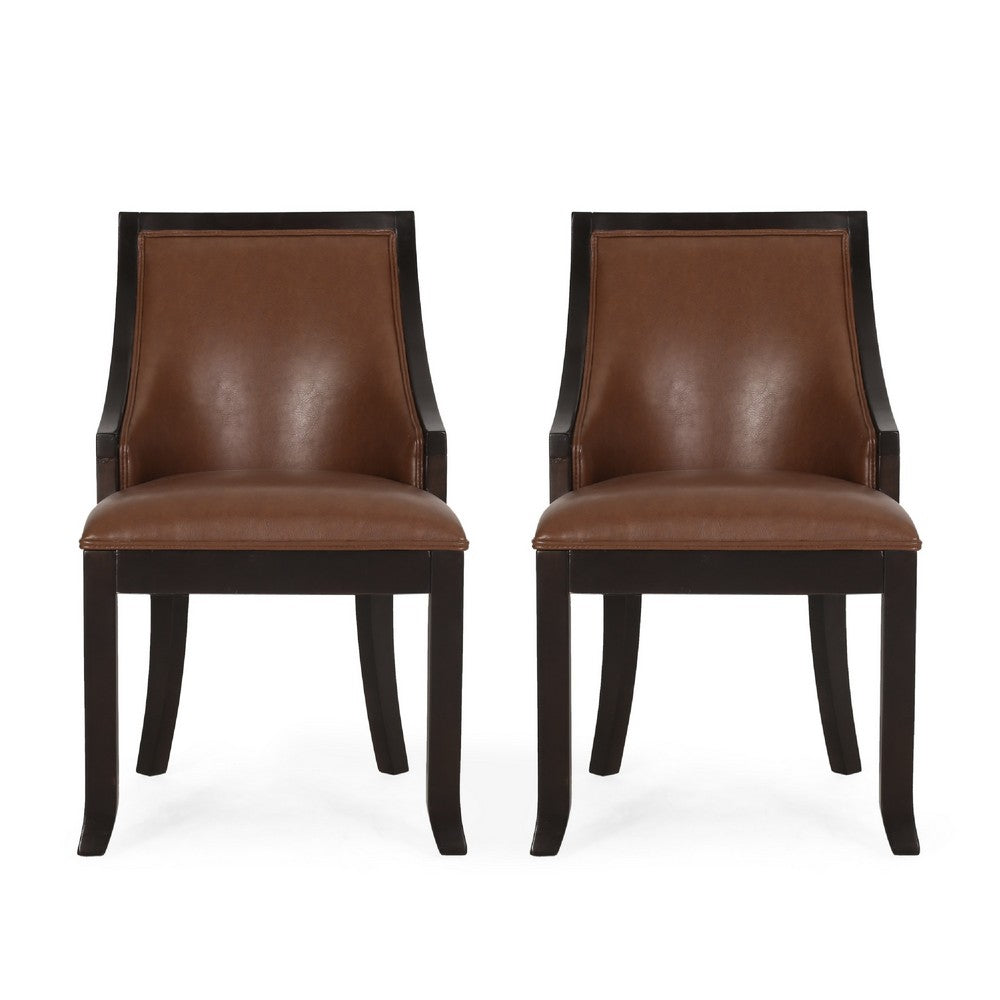 Dining Chair Set of 2 | Light Brown Faux Leather | Black Wood Frame