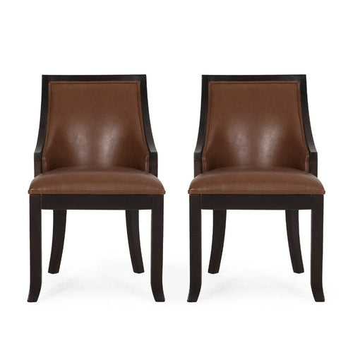 Dining Chair Set of 2 | Light Brown Faux Leather | Black Wood Frame