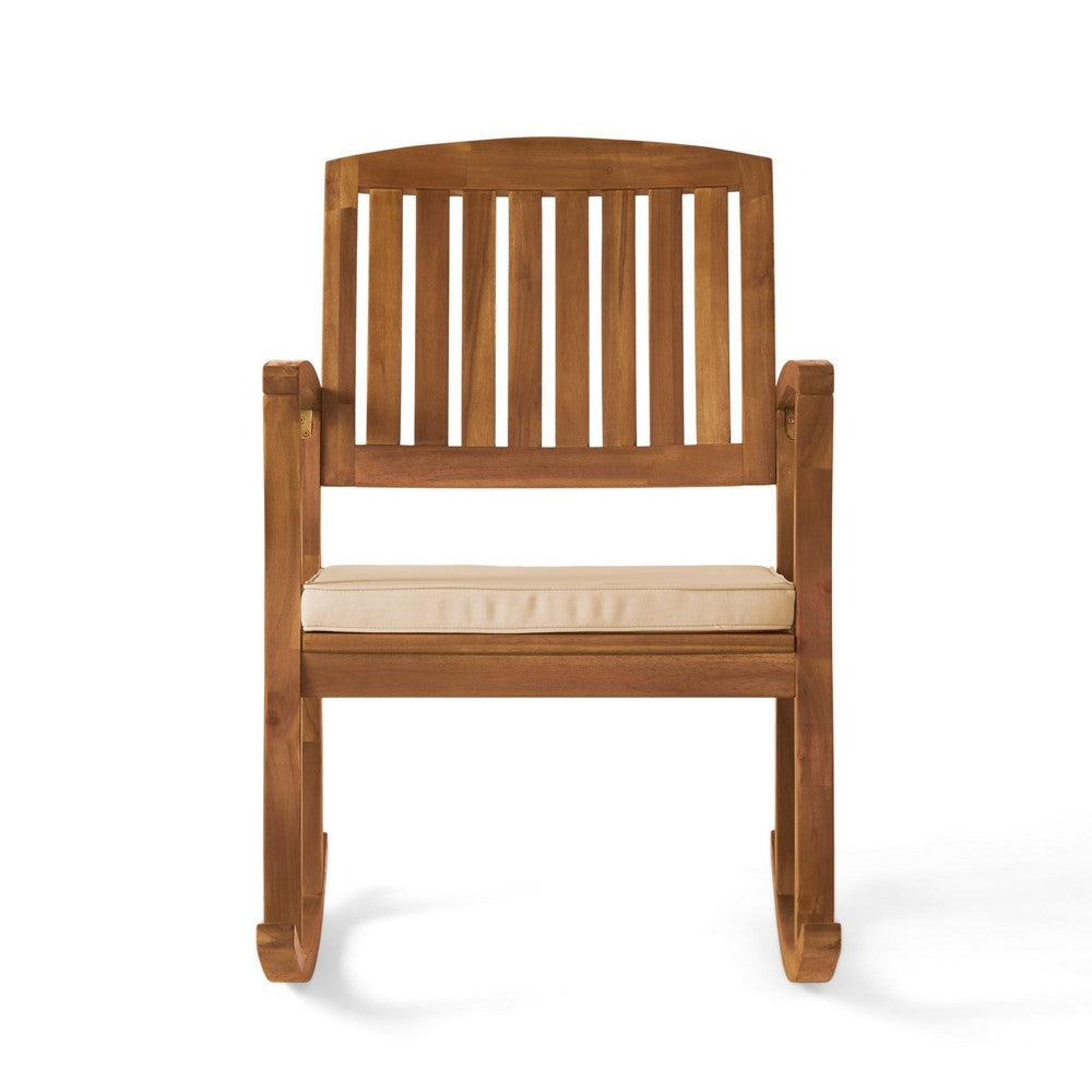 Bang Outdoor Rocking Chair w Cushion | Slatted Back Brown Acacia Wood