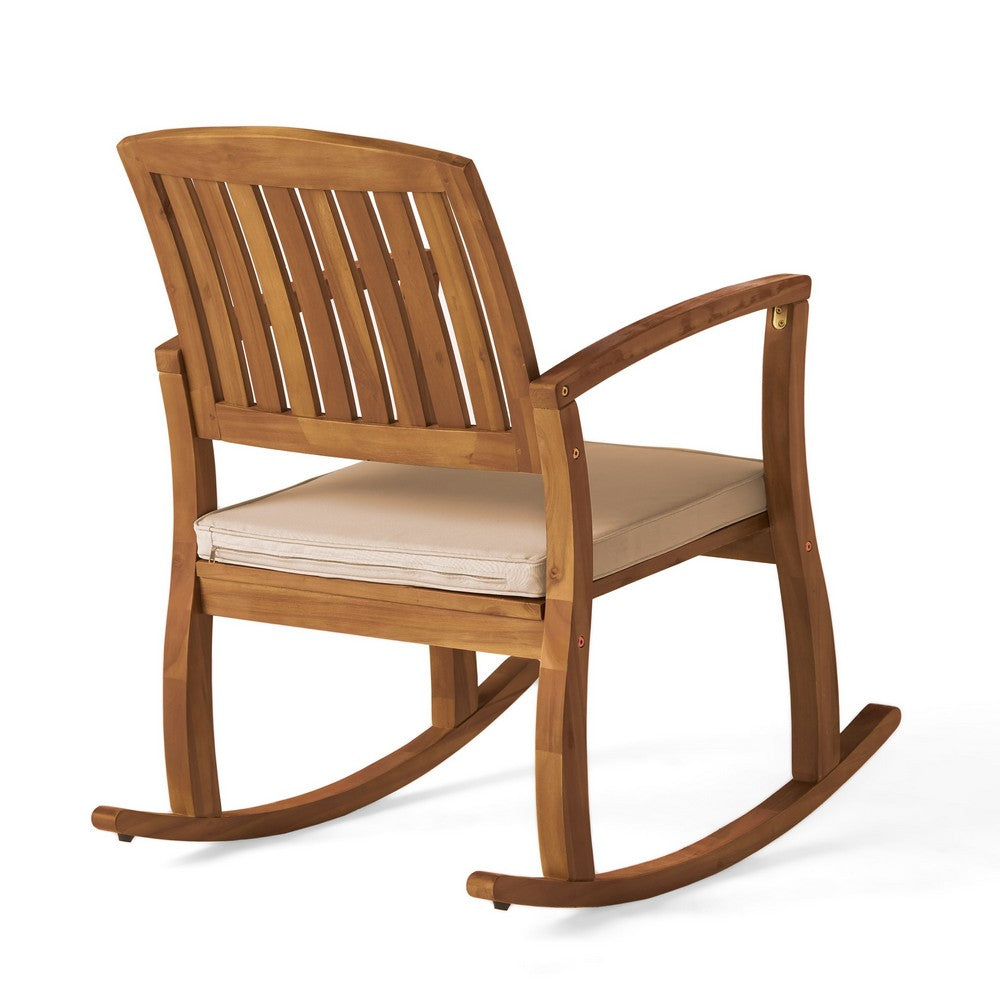 Bang Outdoor Rocking Chair w Cushion | Slatted Back Brown Acacia Wood