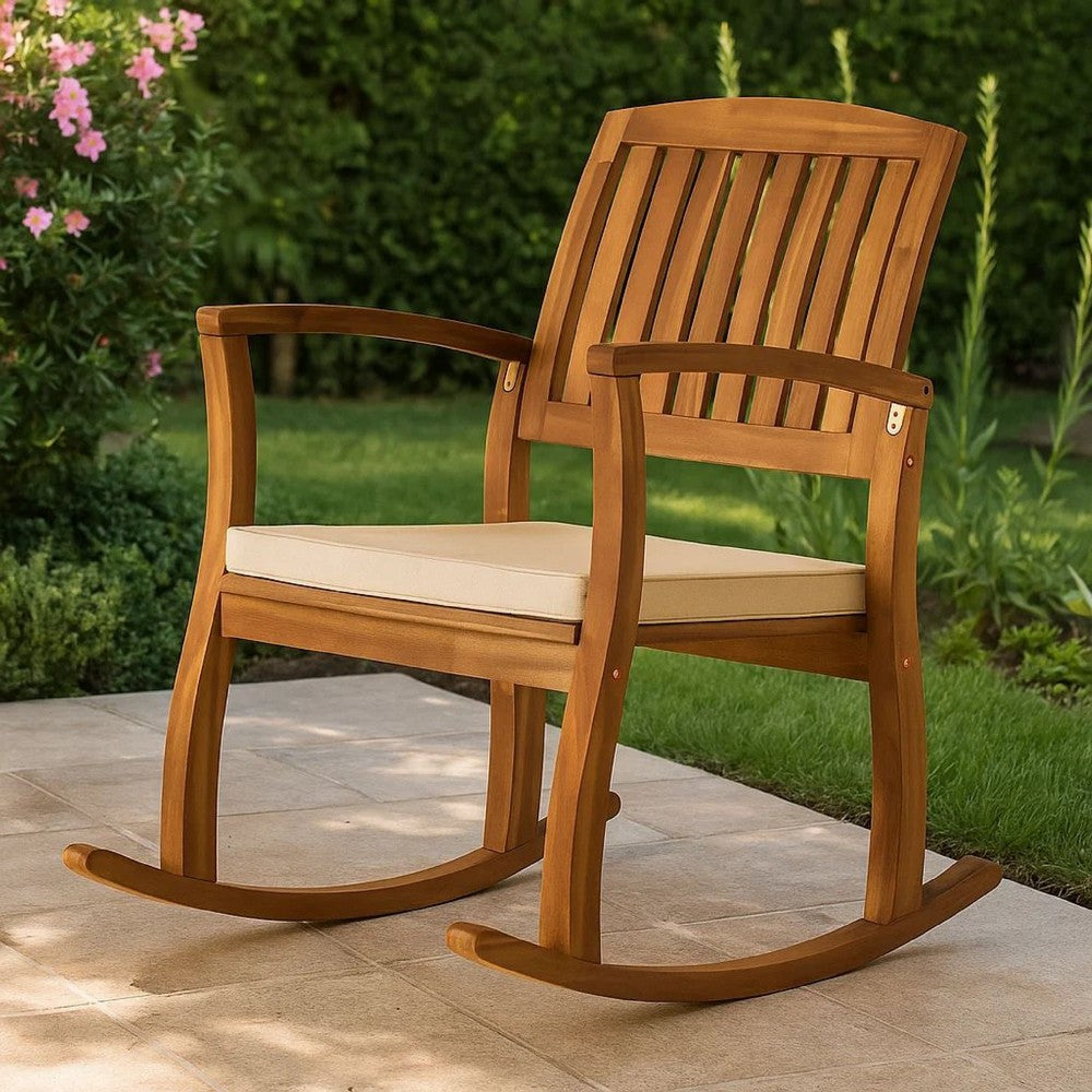 Bang Outdoor Rocking Chair w Cushion | Slatted Back Brown Acacia Wood