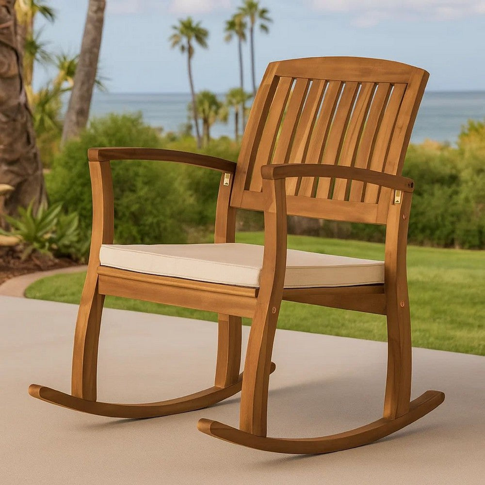 Bang Outdoor Rocking Chair w Cushion | Slatted Back Brown Acacia Wood