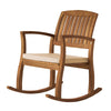 Bang Outdoor Rocking Chair w Cushion | Slatted Back Brown Acacia Wood