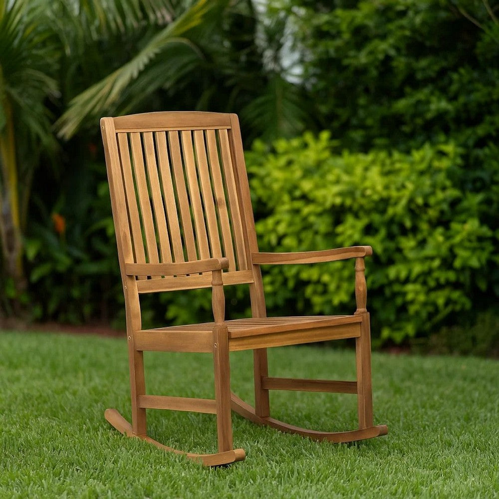 Fred Outdoor Rocking Chair | Slatted Back Design | Brown Acacia Wood