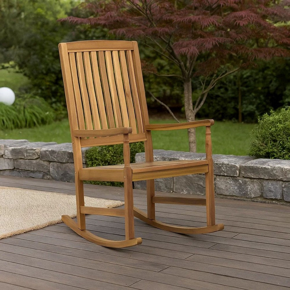 Fred Outdoor Rocking Chair | Slatted Back Design | Brown Acacia Wood
