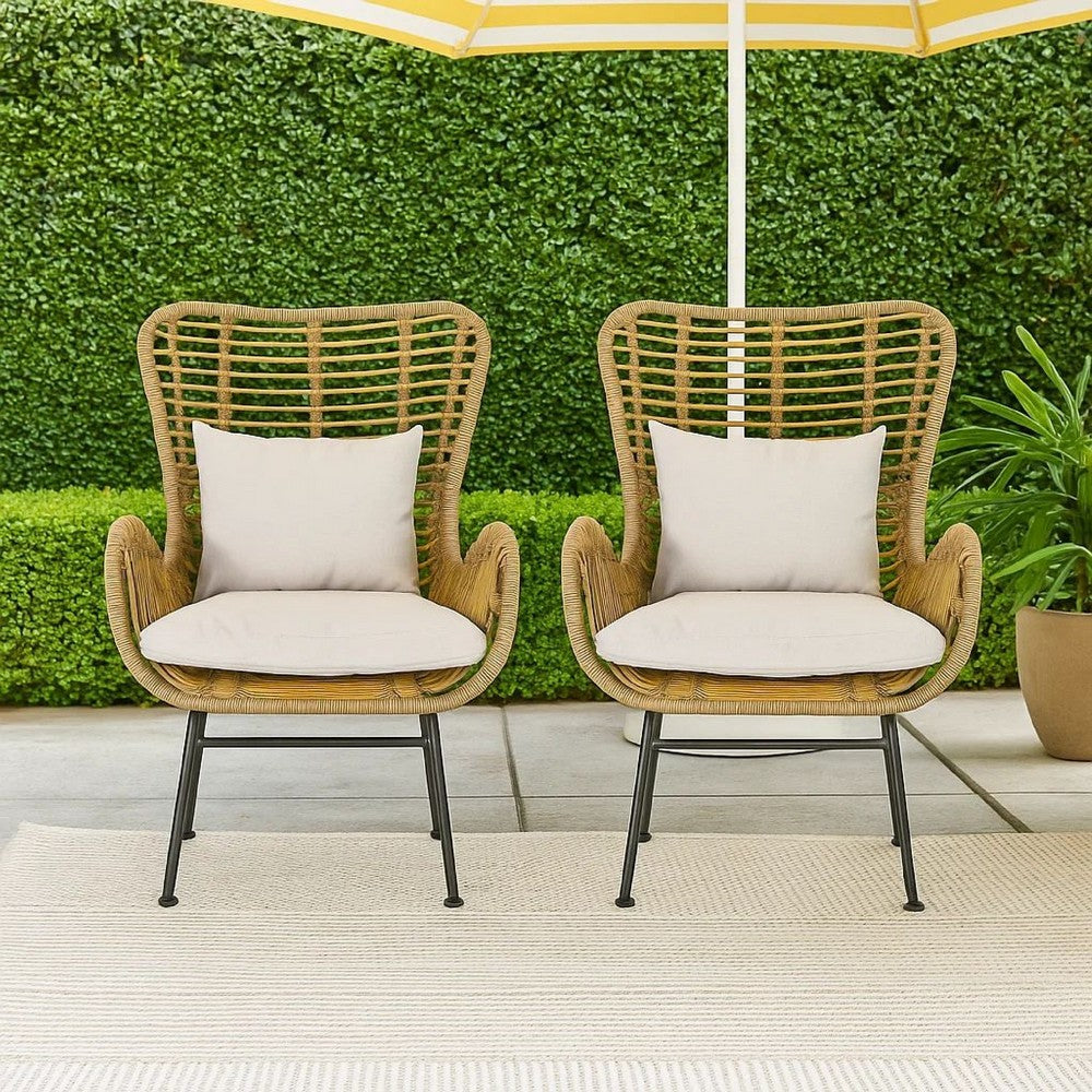 Margo Outdoor Accent Chair | Brown Woven Rattan | Beige | Black Metal