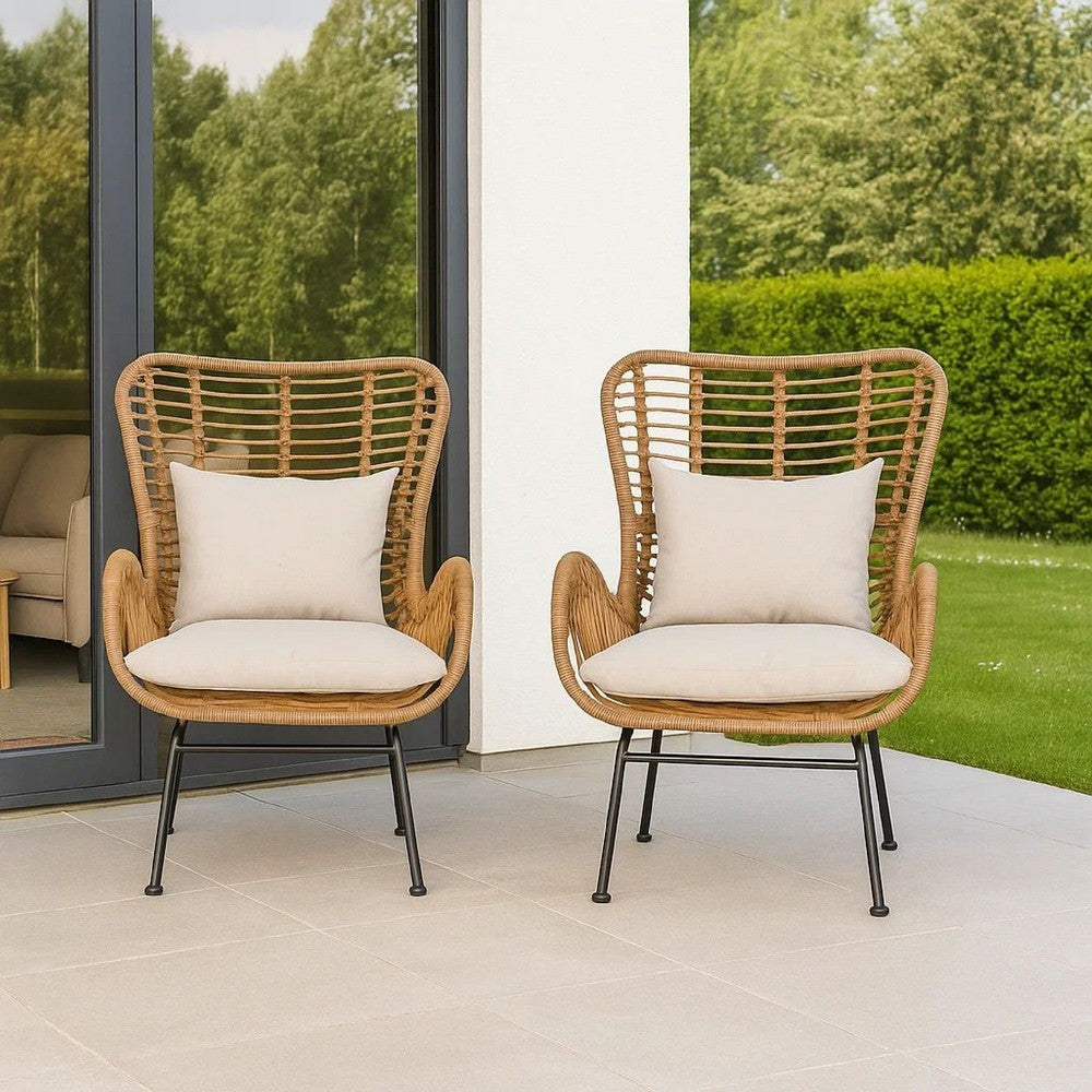 Margo Outdoor Accent Chair | Brown Woven Rattan | Beige | Black Metal