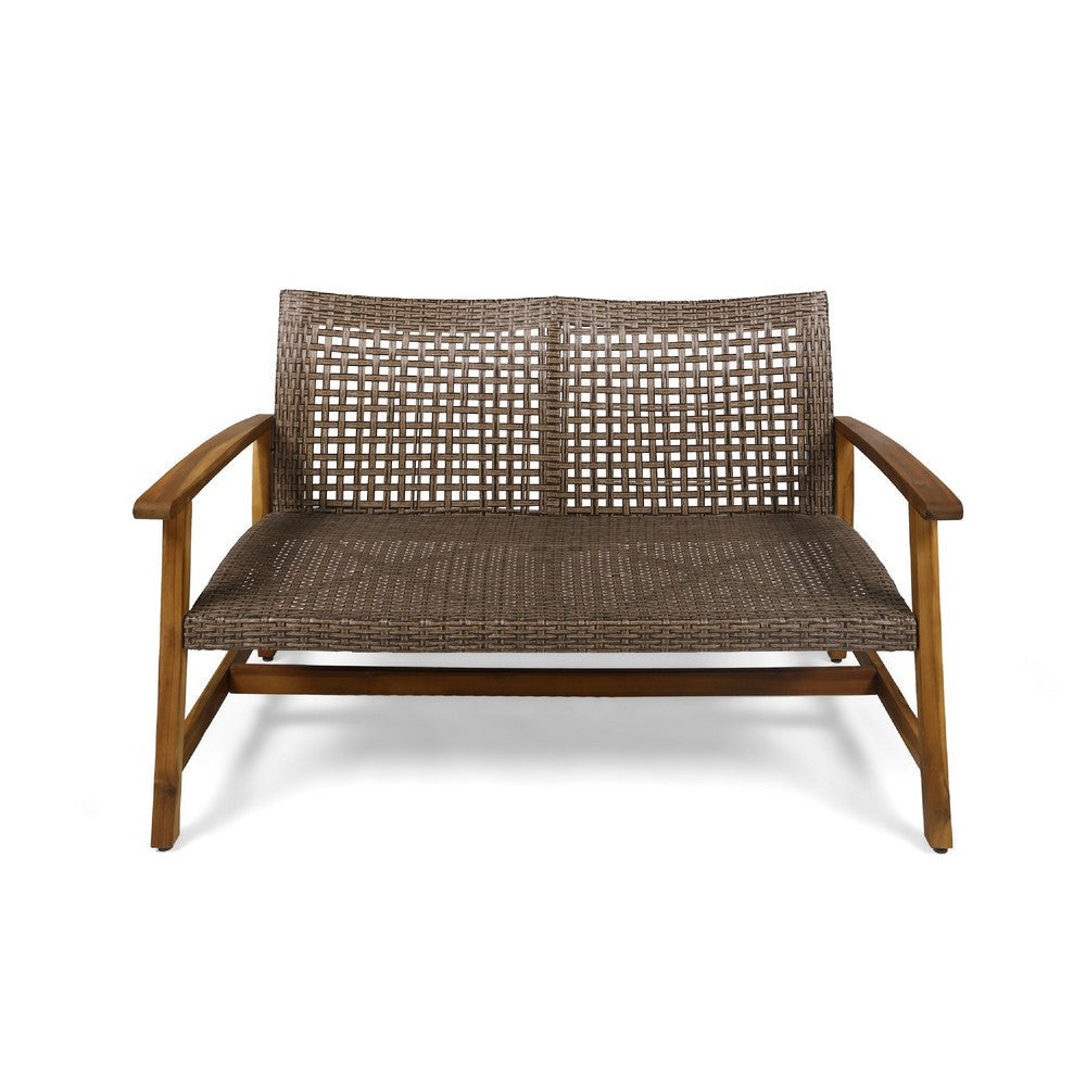 Bops Outdoor Loveseat | Natural Brown Acacia Wood | 52’’ | Gray Wicker