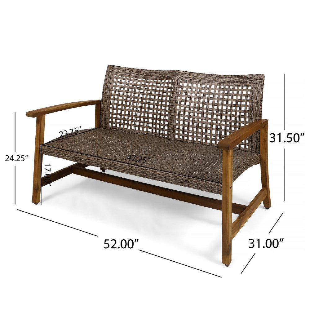 Bops Outdoor Loveseat | Natural Brown Acacia Wood | 52’’ | Gray Wicker