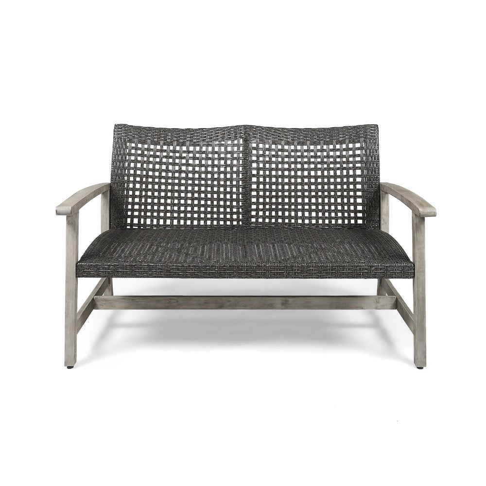 Bops Outdoor Loveseat | Rustic Acacia Wood Frame | 52" | Gray Wicker
