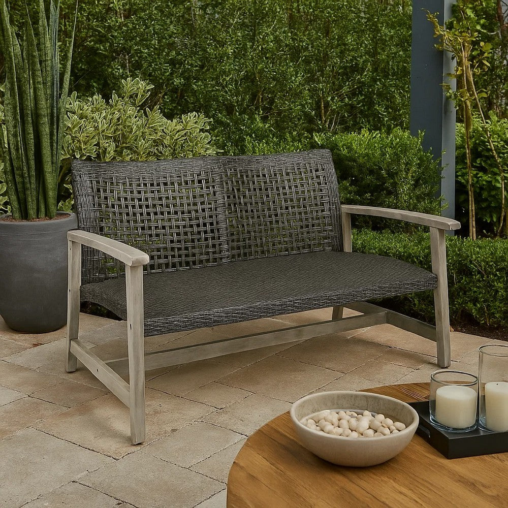 Bops Outdoor Loveseat | Rustic Acacia Wood Frame | 52" | Gray Wicker